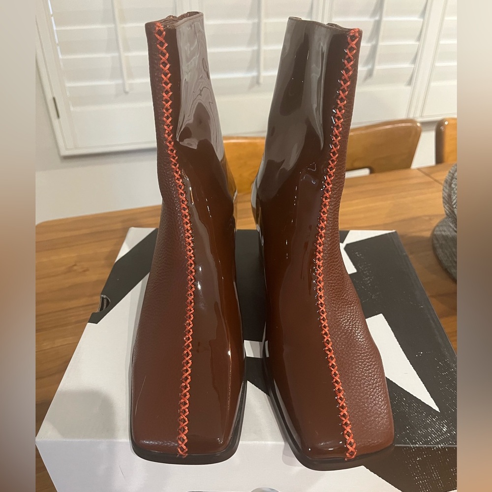 Free People + Mutma Brown 2 Tone Ankle Boot Boots with Red Stitching, New in Box
